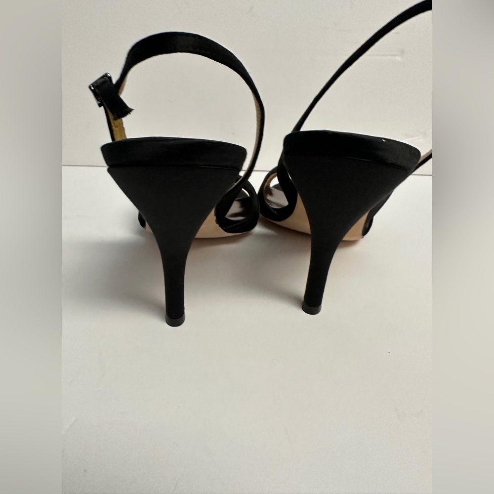 Badgley Mischka Size 8.5 Black Satin Peep Toe Heels Crystal Detail Ankle Strap - Picture 12 of 12